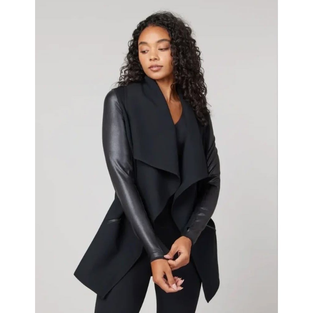 Spanx Drape Front Jacket Small Faux Leather Trim Ponte Knit Stretch Snap Black